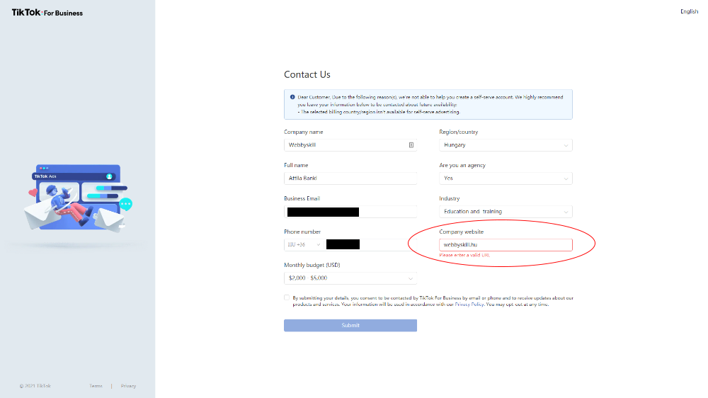 A TikTok üzleti fiók regisztrációját a cikk írásakor megakaszjta a .hu domain