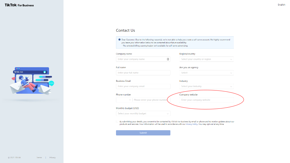 TikTok üzleti fiók létrehozása és a részletek megadása